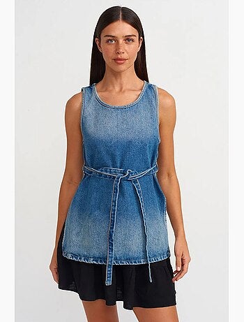 Blusa túnica de denim de algodón con detalle de lazada dilvin