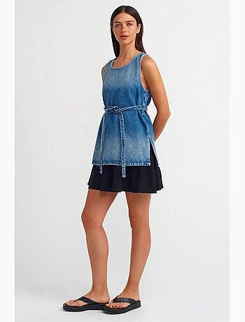 Blusa túnica de denim de algodón con detalle de lazada dilvin