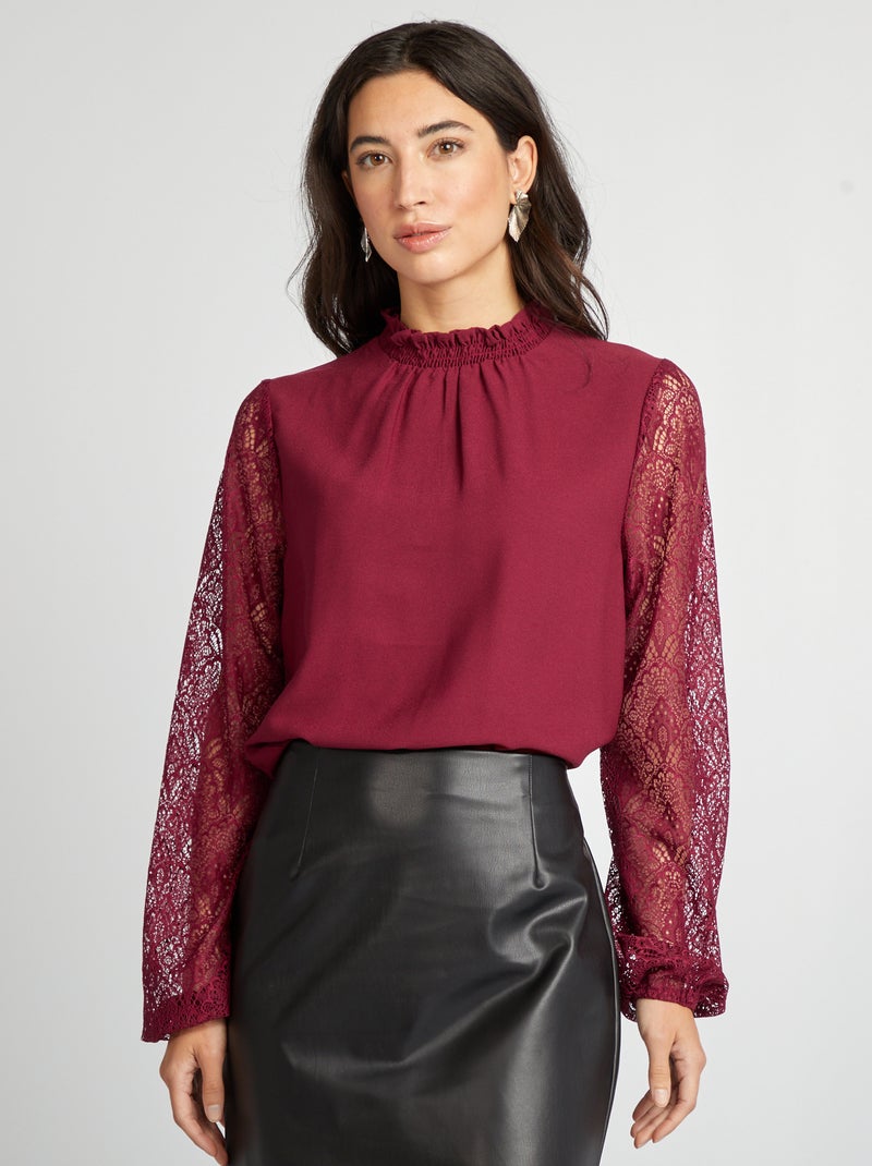 Blusa vaporosa con volante en el cuello y encaje en las mangas ROJO - Kiabi