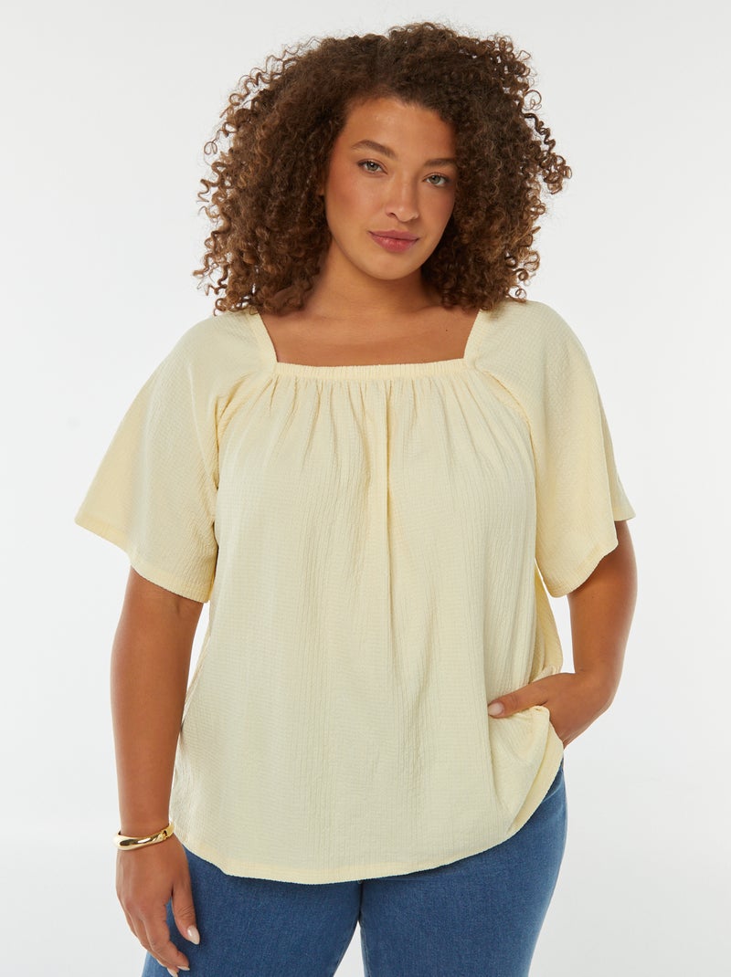 Blusa vaporosa de punto gofrado con cuello bardot Amarillo - Kiabi