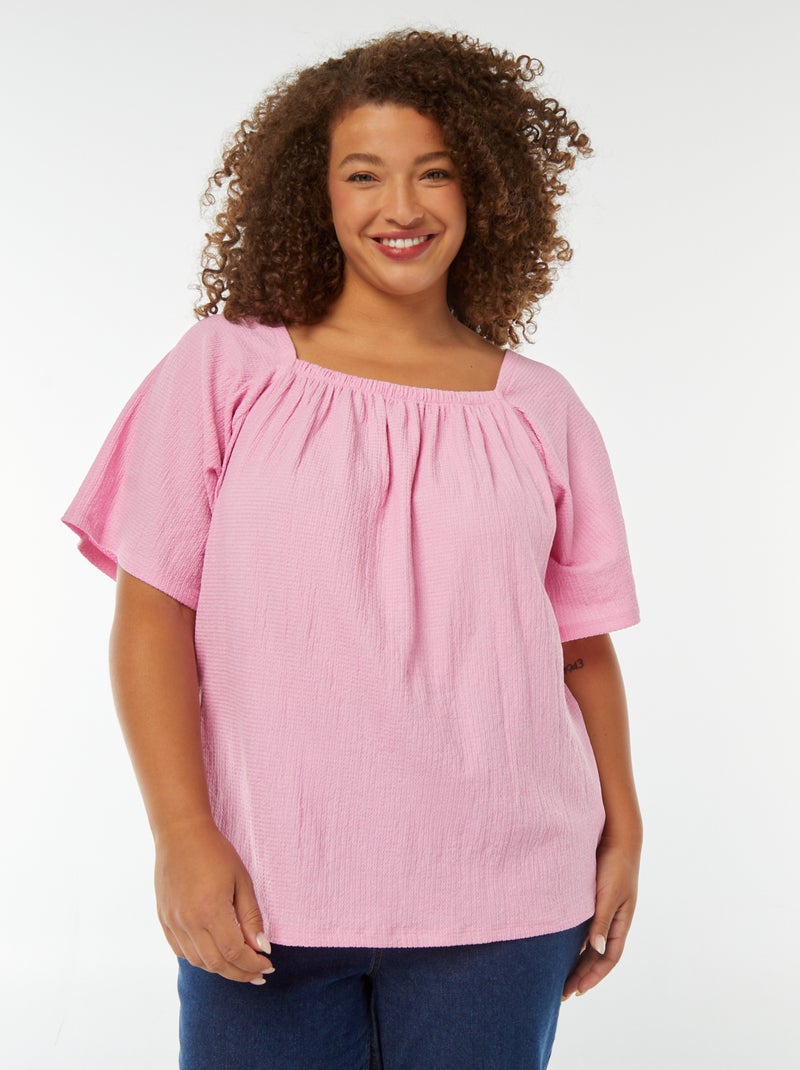 Blusa vaporosa de punto gofrado con cuello bardot rosa - Kiabi
