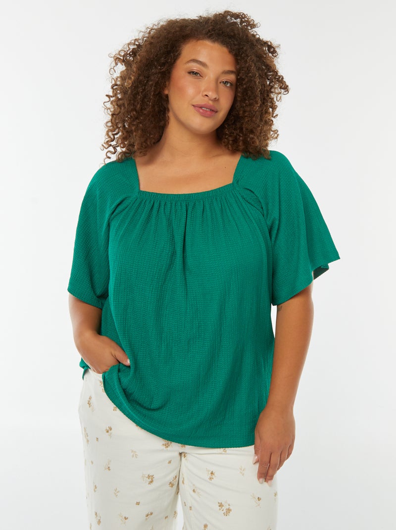 Blusa vaporosa de punto gofrado con cuello bardot Verde - Kiabi