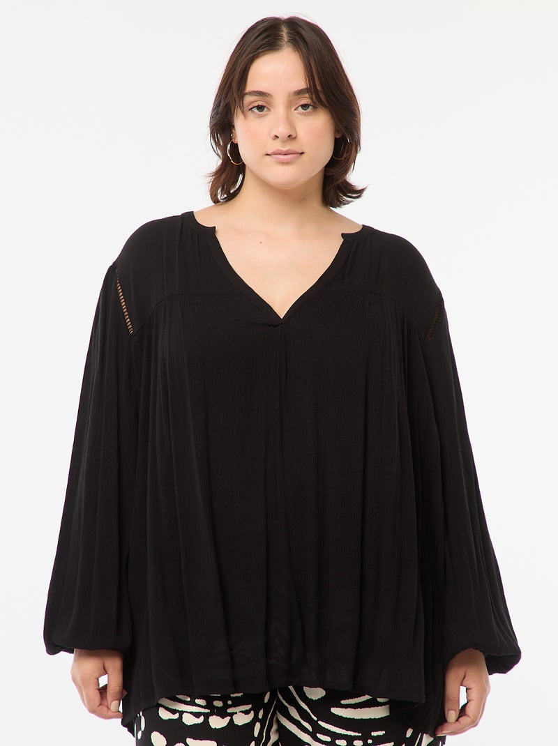 Blusa vaporosa estampada de punto de crepé negro - Kiabi