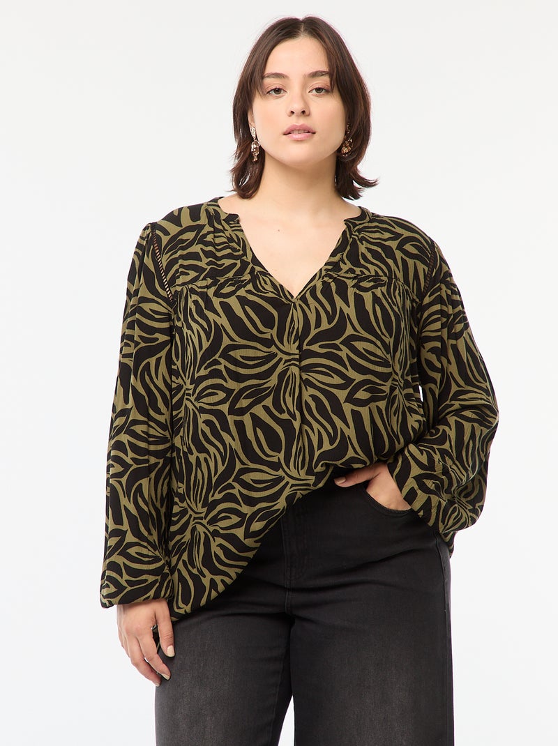 Blusa vaporosa estampada de punto de crepé Verde - Kiabi