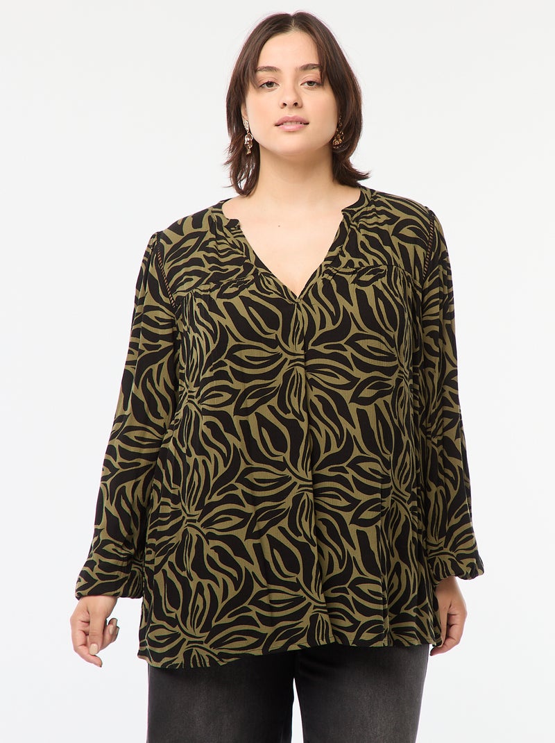Blusa vaporosa estampada de punto de crepé Verde - Kiabi