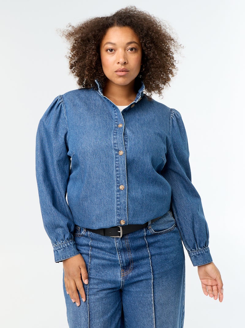 Blusa vaquera con cuello alto con volantes Azul - Kiabi