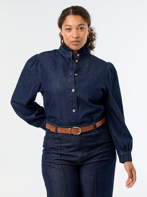 Blusa vaquera con cuello alto con volantes - Kiabi