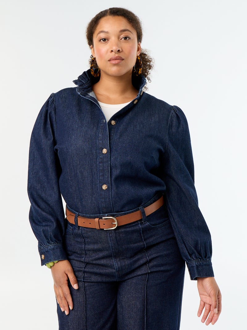 Blusa vaquera con cuello alto con volantes Azul - Kiabi