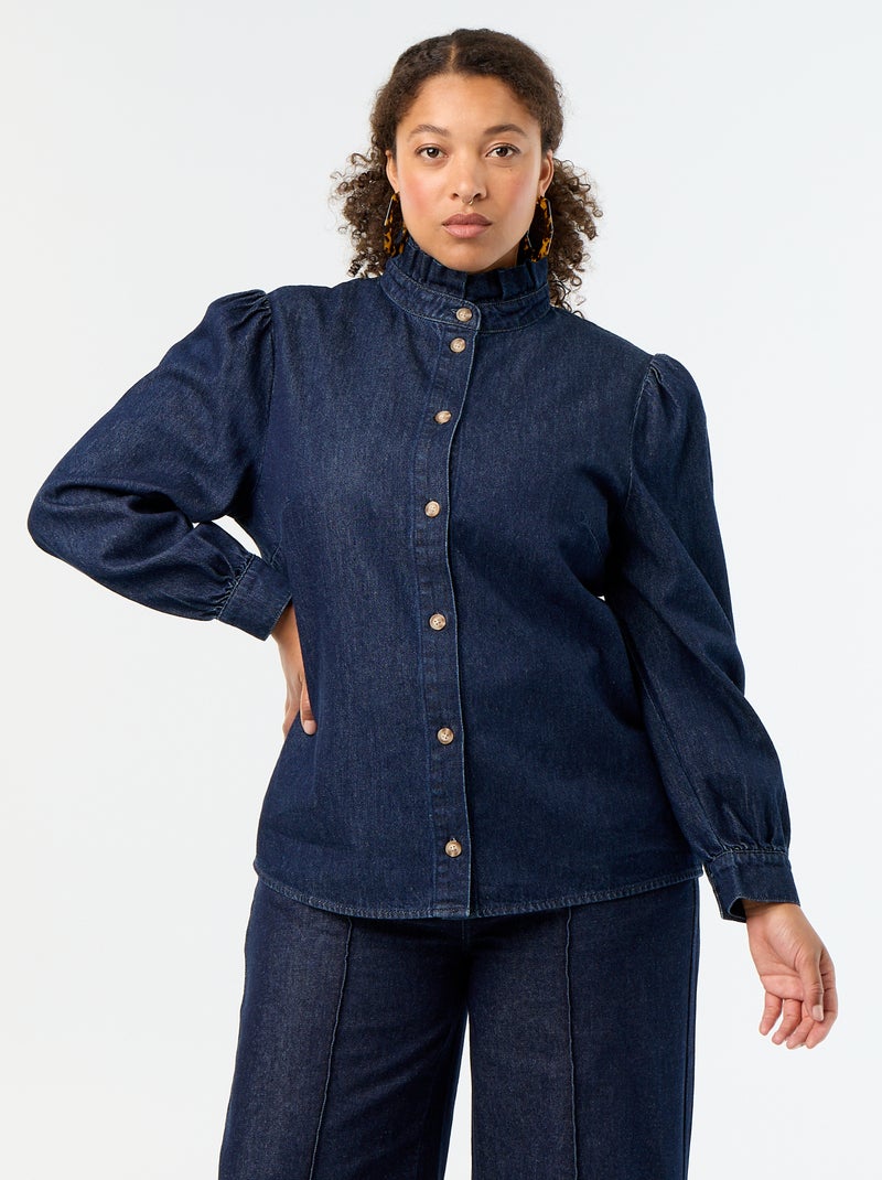 Blusa vaquera con cuello alto con volantes Azul - Kiabi