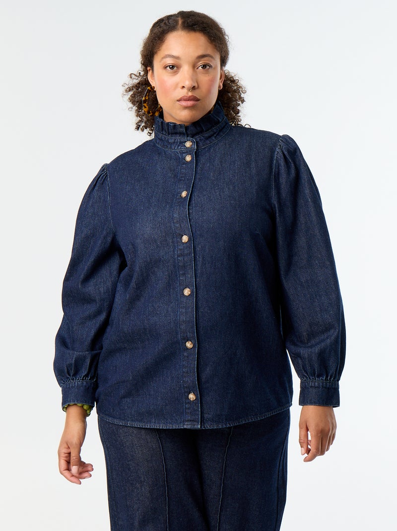 Blusa vaquera con cuello alto con volantes Azul - Kiabi
