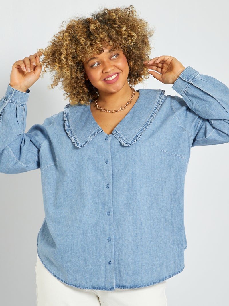 Blusa vaquera con cuello ancho AZUL - Kiabi
