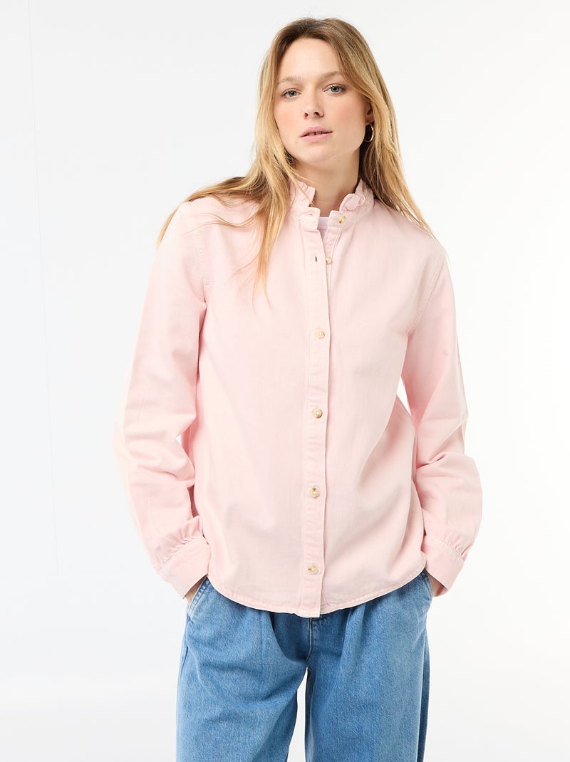 Blusa vaquera con cuello con volantes Rosa - Kiabi