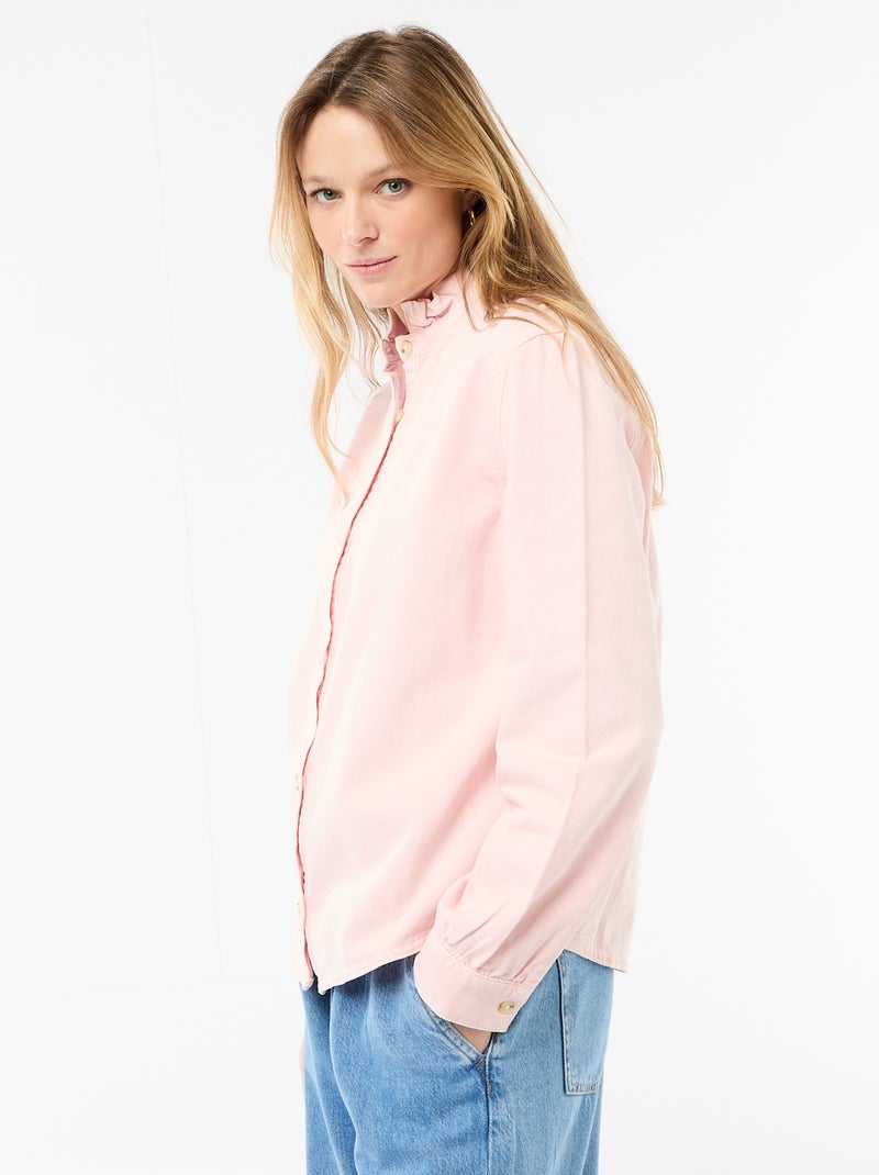 Blusa vaquera con cuello con volantes Rosa - Kiabi