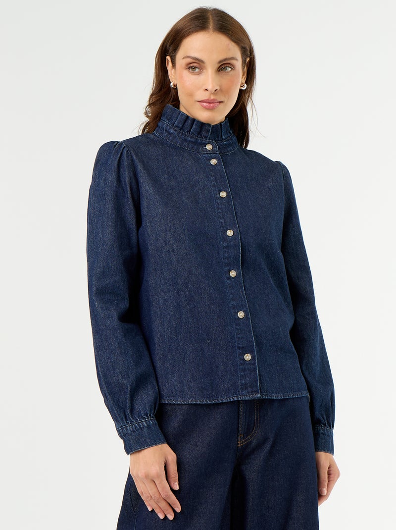 Blusa vaquera con cuello de volantes Azul - Kiabi