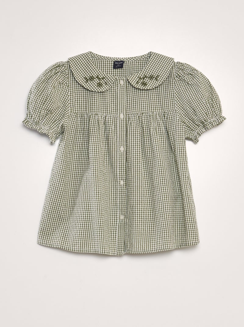 Blusa vichy con cuello bebé bordado KAKI - Kiabi