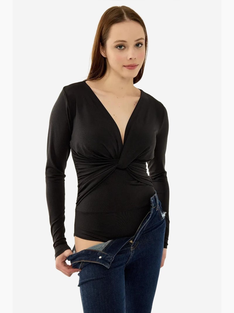 Body ajustado de manga larga con cuello en v hiccup Negro - Kiabi