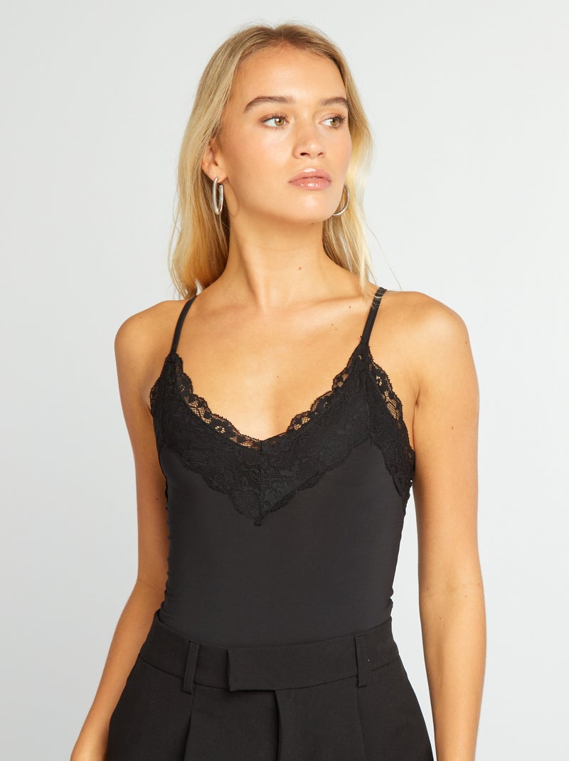 Body con cuello de encaje negro - Kiabi
