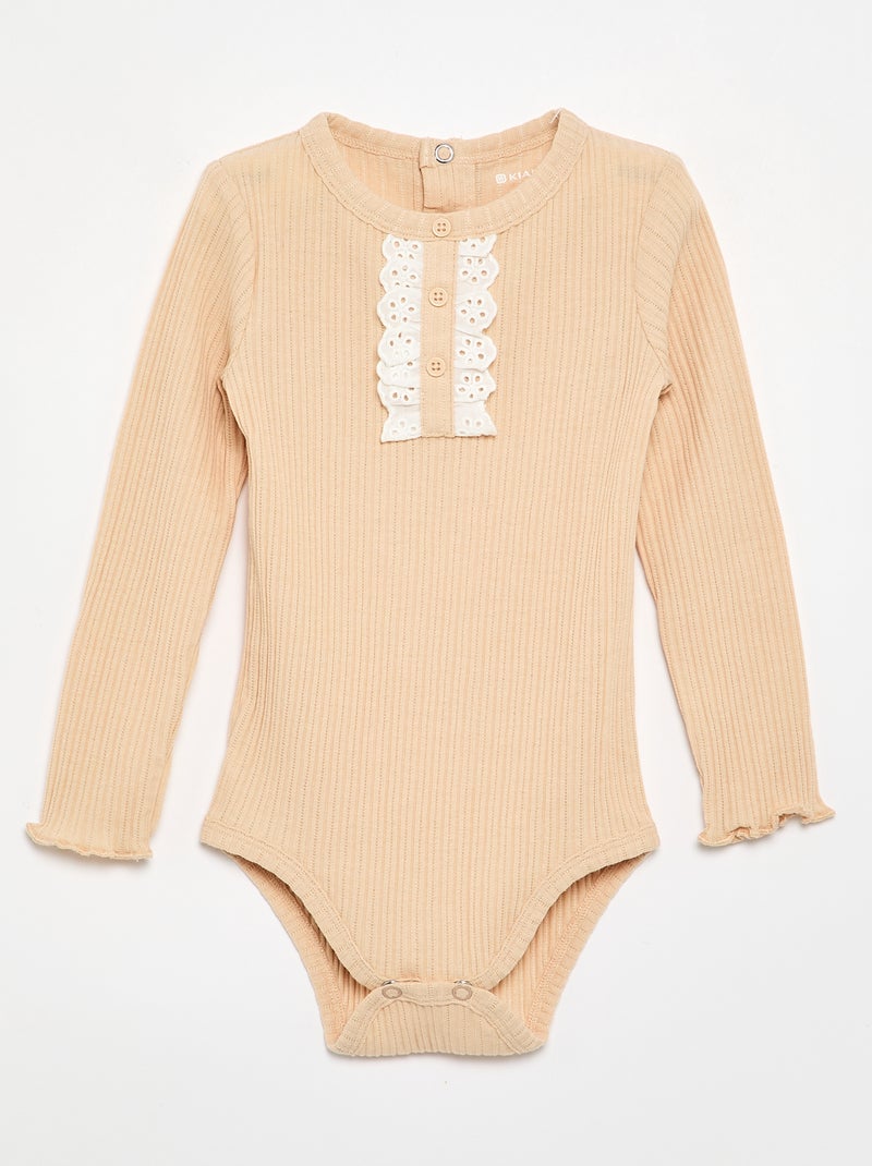 Body de canalé con bordado inglés Beige - Kiabi