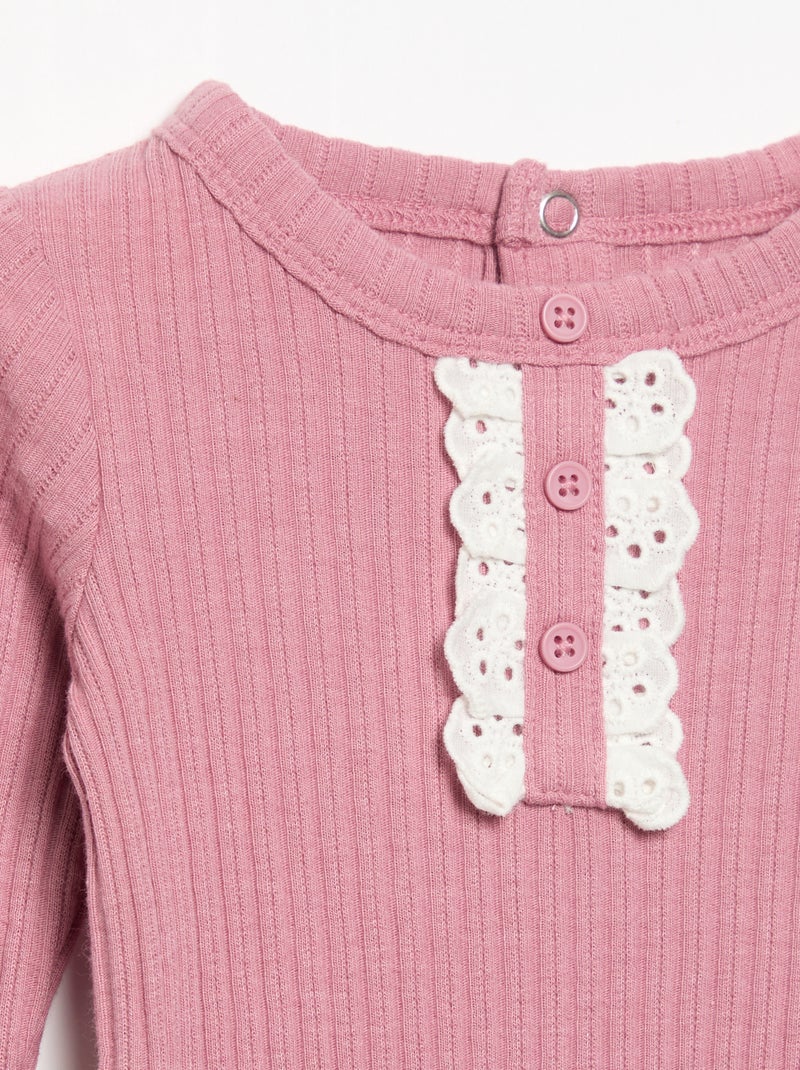 Body de canalé con bordado inglés Rosa - Kiabi