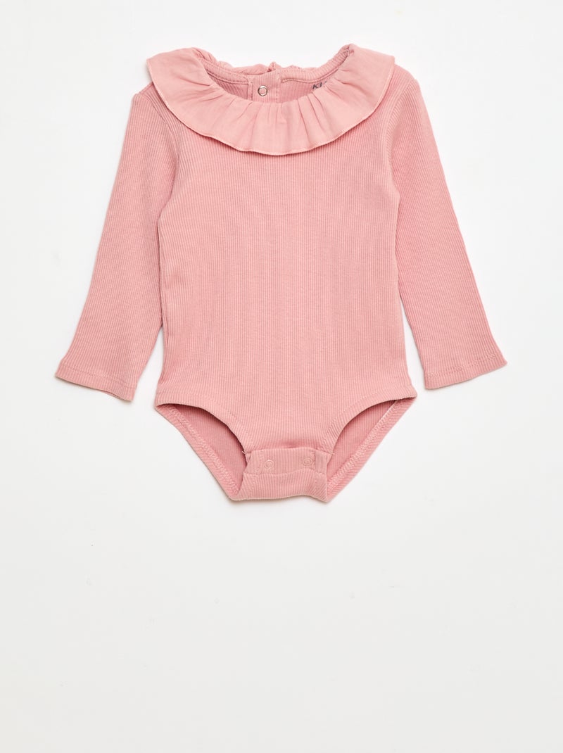 Body de canalé con cuello con volantes Rosa - Kiabi