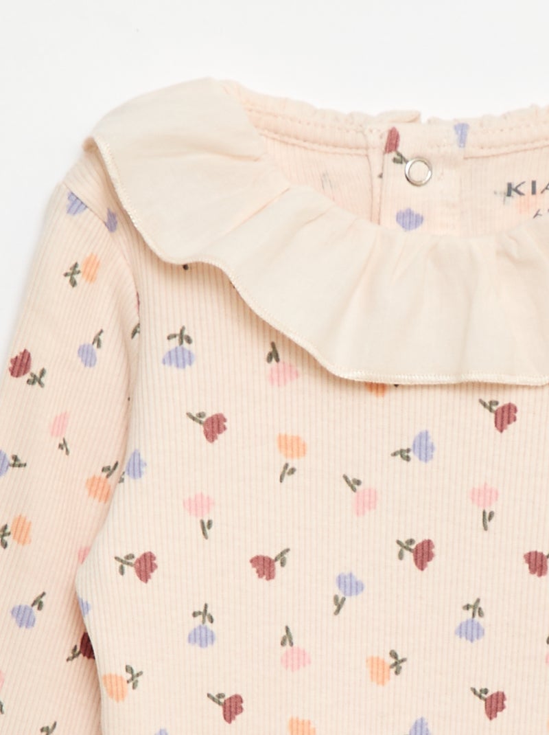 Body de canalé con cuello volante Rosa - Kiabi