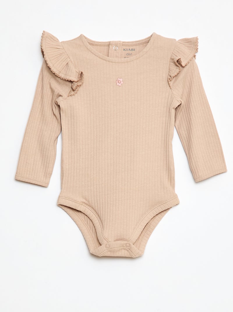 Body de canalé de manga larga con volantes en los hombros Beige - Kiabi