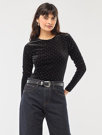 Body de manga larga con strass en terciopelo