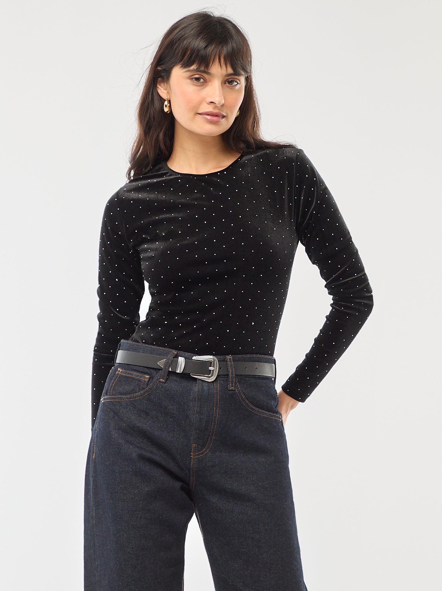 Body de manga larga con strass en terciopelo