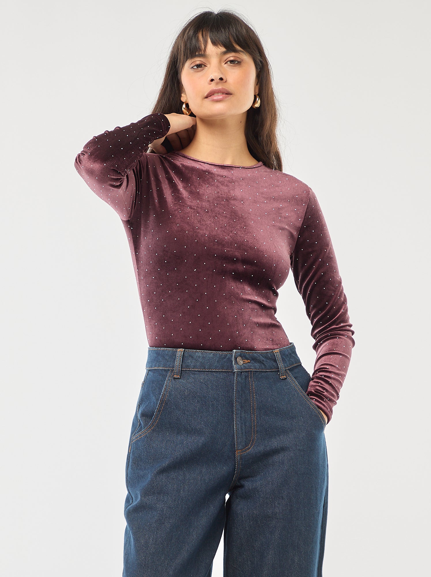 Body de manga larga con strass en terciopelo