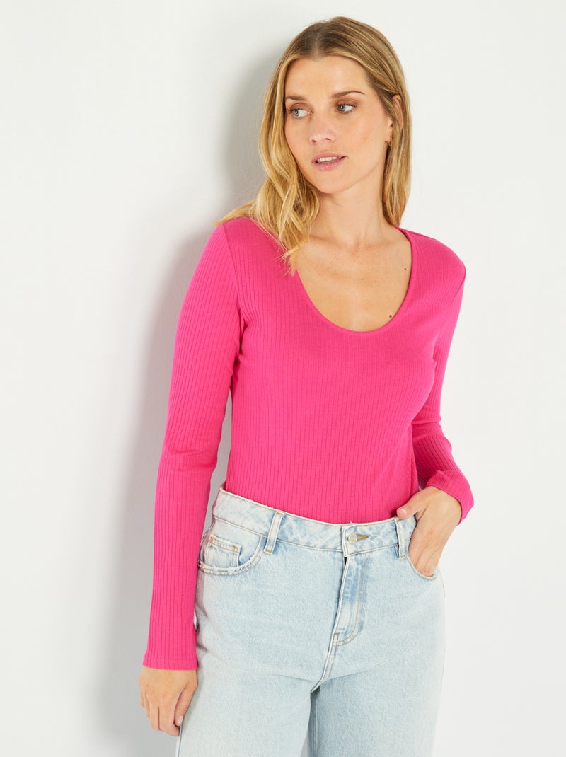 Body de manga larga de canalé rosa indio - Kiabi