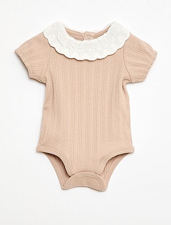 Body de manga larga en punto de canalé con cuello fantasía