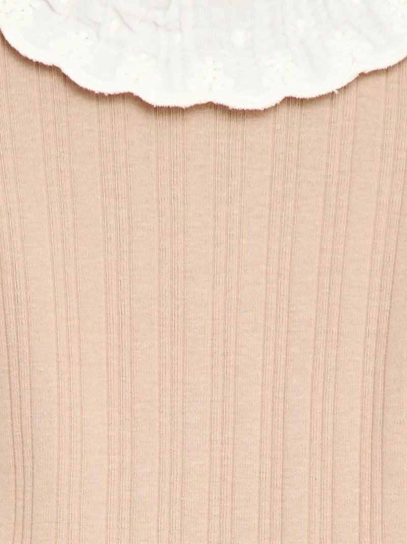 Body de manga larga en punto de canalé con cuello fantasía Beige - Kiabi