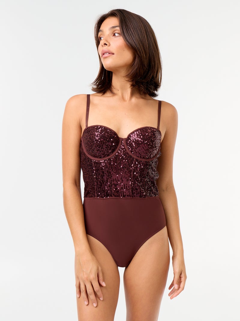 Body de microfibra y lentejuelas Marrón oscuro - Kiabi
