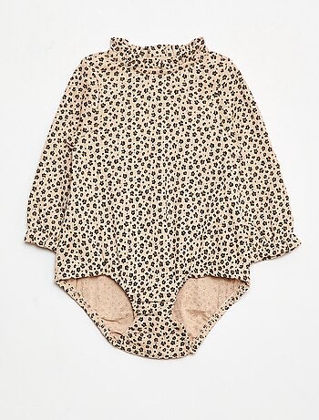 Body de punto calado con cuello volante y estampado integral