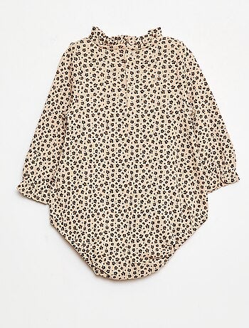 Body de punto calado con cuello volante y estampado integral