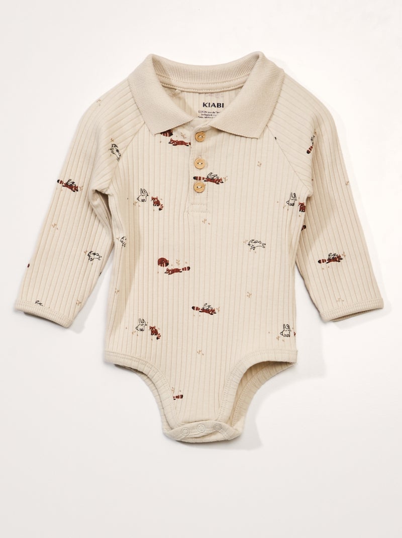Body de punto de canalé con cuello de polo BEIGE - Kiabi