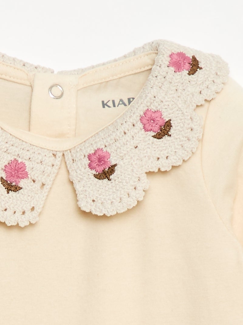 Body de punto jersey con cuello Claudine bordado Blanco - Kiabi