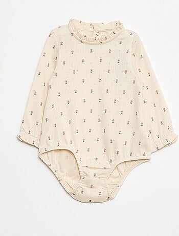 Body de punto calado con cuello volante y estampado integral