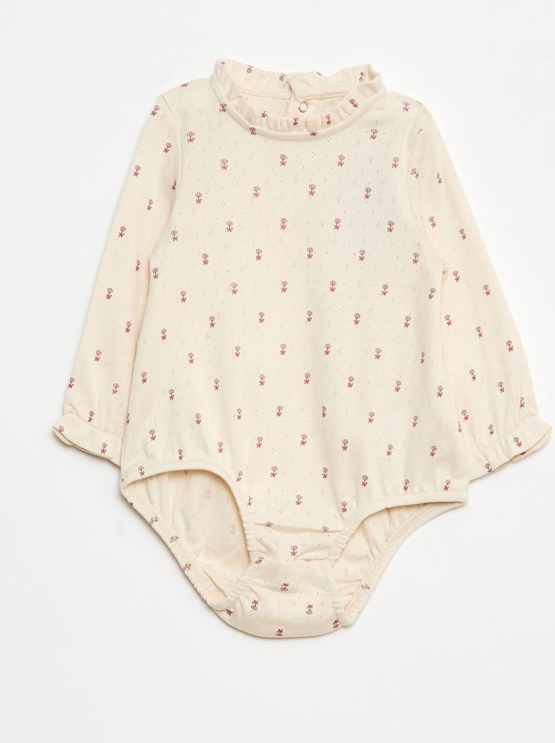 Body de punto plumeti con cuello volante y estampado integral Blanco - Kiabi
