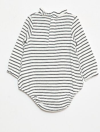 Body de punto calado con cuello volante y estampado integral
