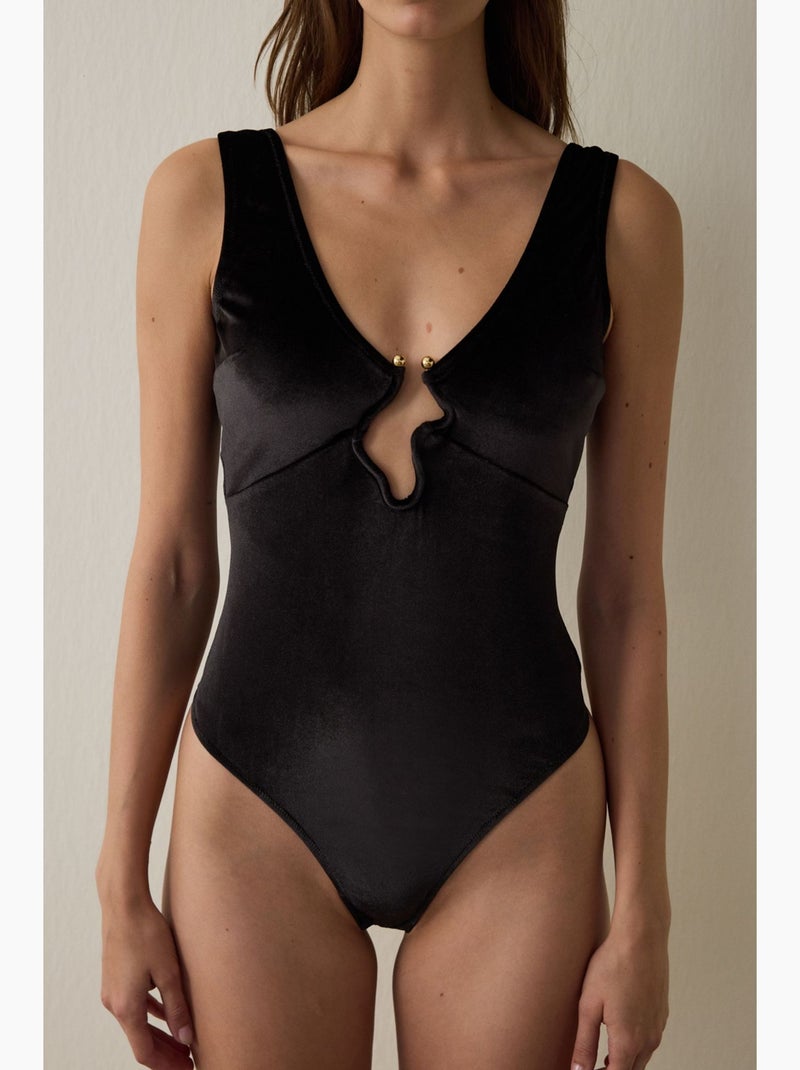 Body de terciopelo con escote en v profundo penti Negro - Kiabi