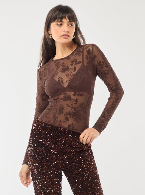 Body transparente con flores de terciopelo - Kiabi