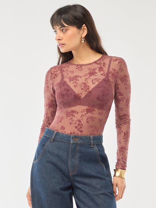 Body transparente con flores de terciopelo - Kiabi