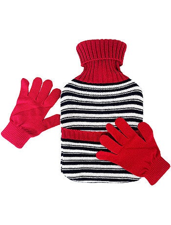 Bolsa de agua caliente con guantes y funda de punto a rayas