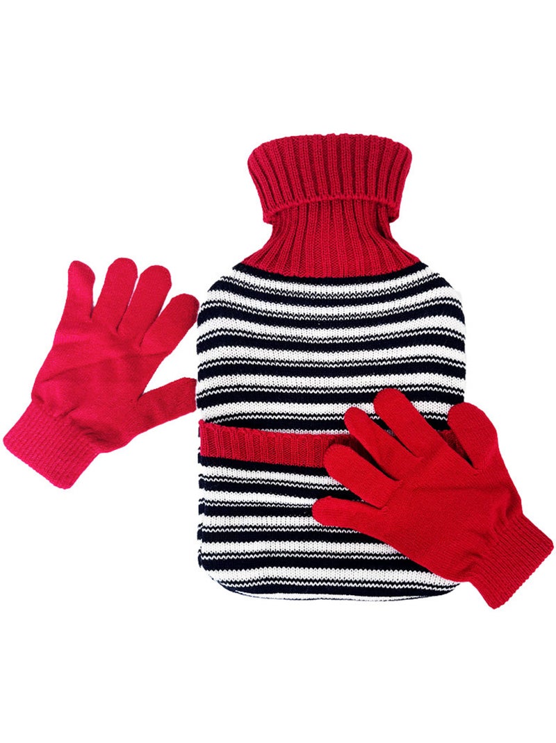 Bolsa de agua caliente con guantes y funda de punto a rayas Rojo - Kiabi