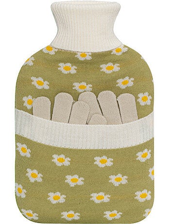 Bolsa de agua caliente con guantes y funda de punto motivo flores