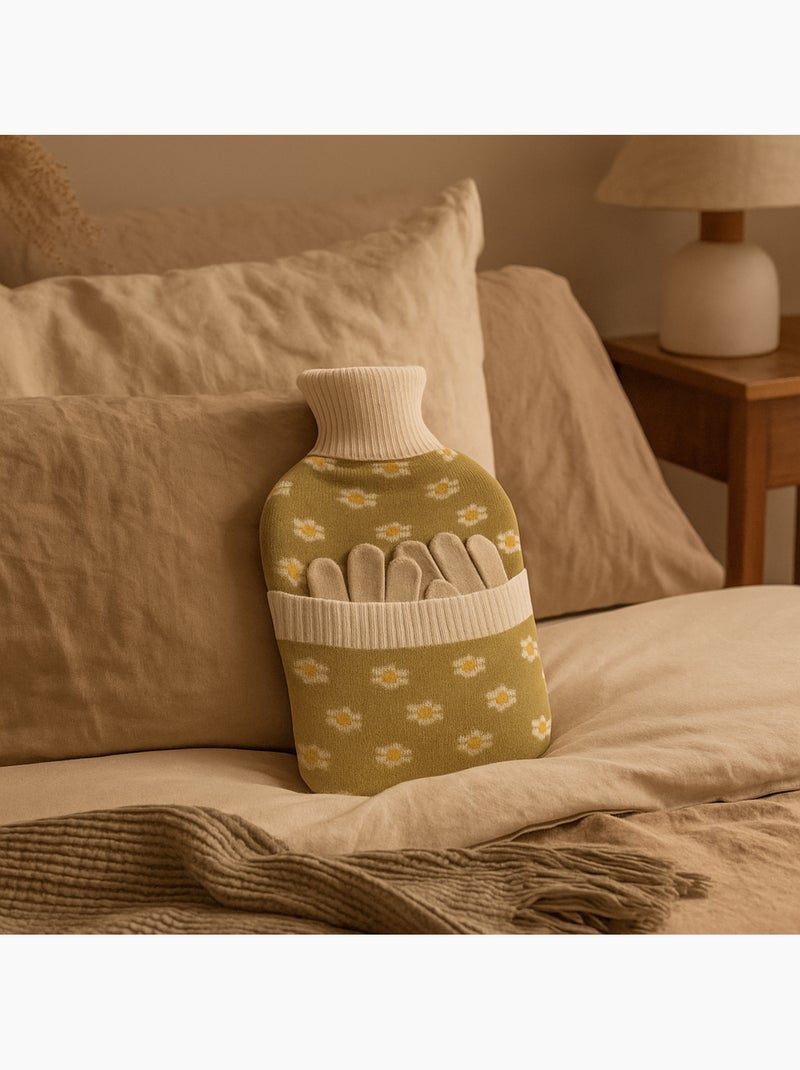 Bolsa de agua caliente con guantes y funda de punto motivo flores Verde - Kiabi