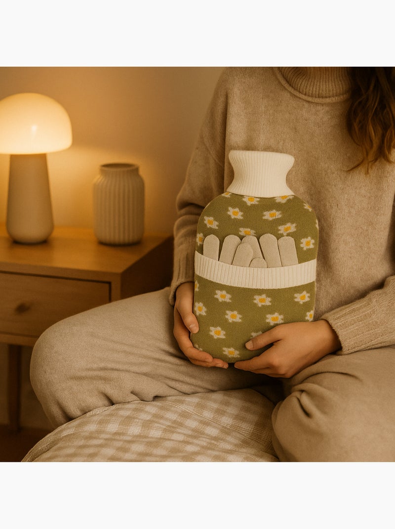 Bolsa de agua caliente con guantes y funda de punto motivo flores Verde - Kiabi