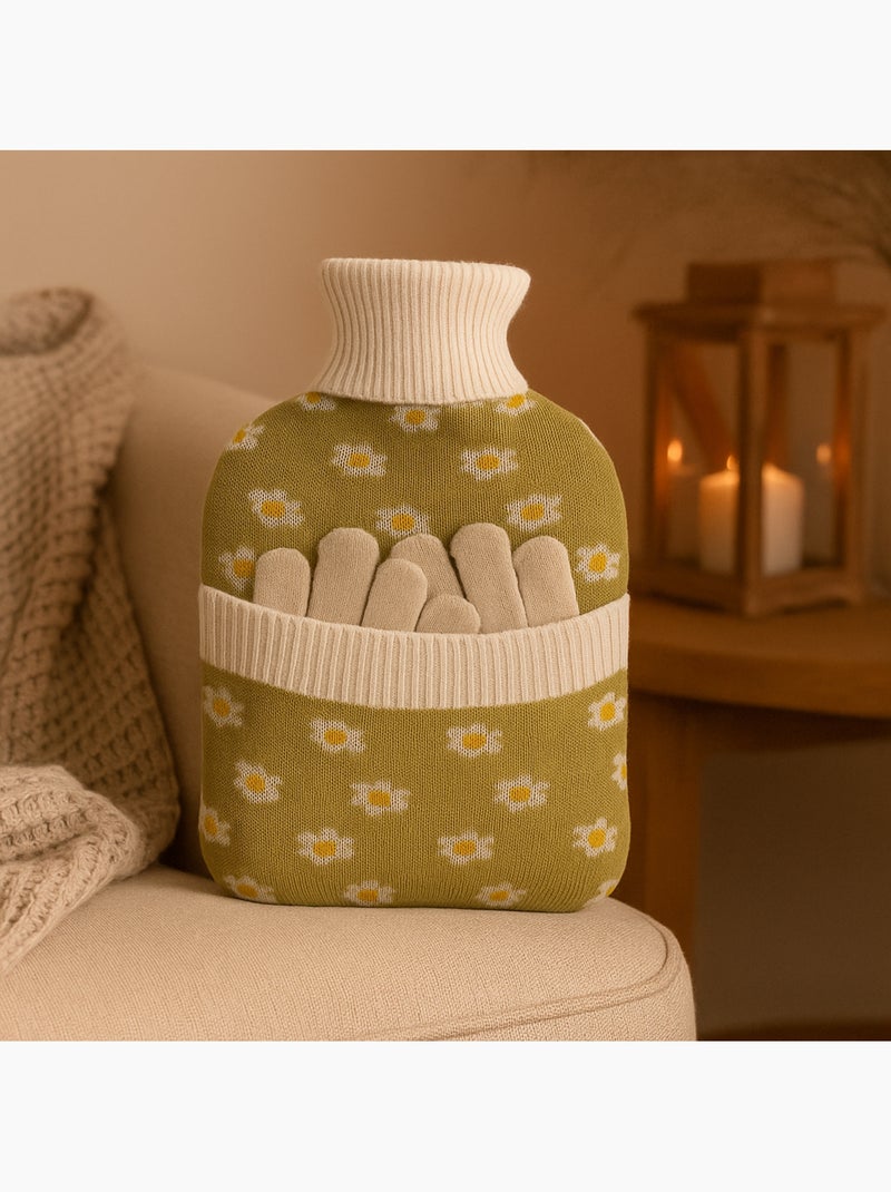 Bolsa de agua caliente con guantes y funda de punto motivo flores Verde - Kiabi