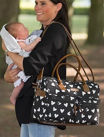Bolso cambiador blanco y negro con colchón, corazones | Kidzroom